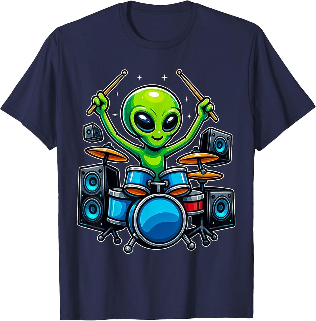 Funny Alien Playing Drums Space Music Lover Drum T-Shirt - Navy Blue