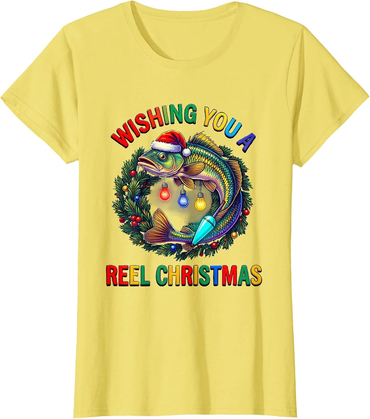 Wishing You a Reel Christmas Funny Fishing Christmas Humor T-Shirt - Lemon Yellow