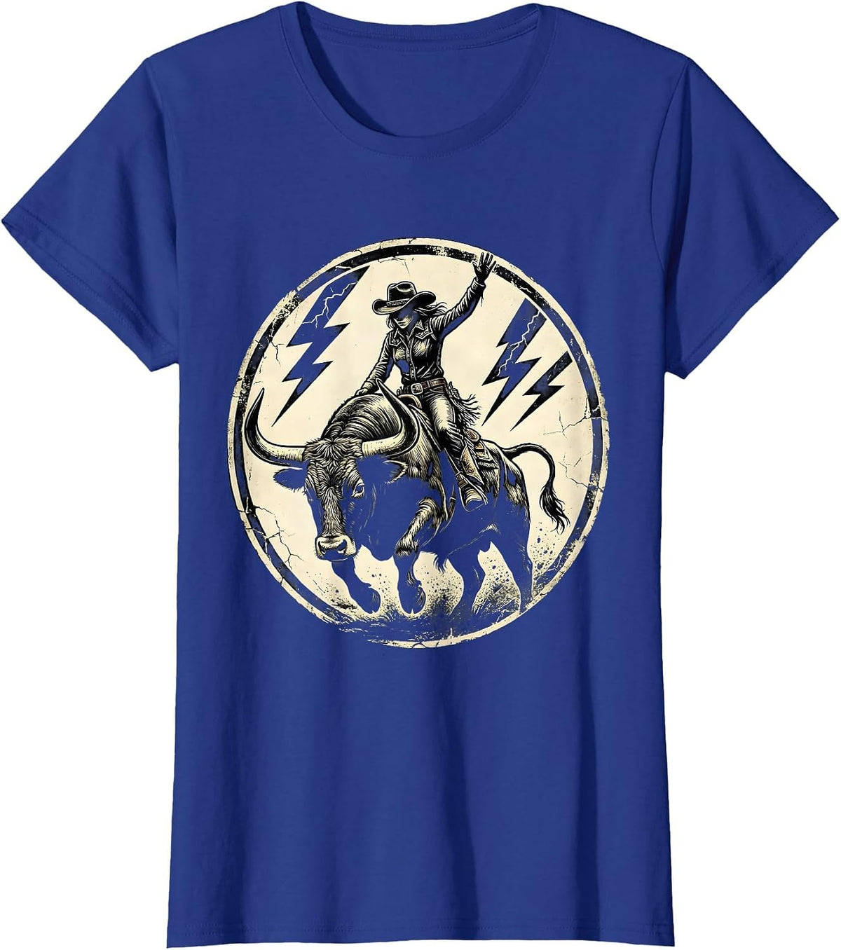 Women's Cowgirl Riding Bull Through Lightning Storm T-Shirt - Royal Blue