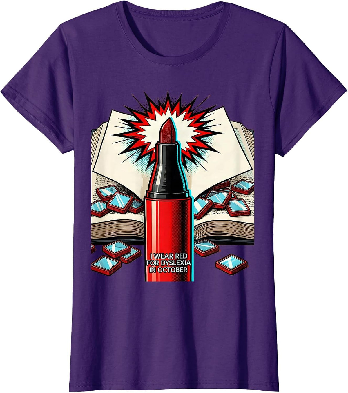 Women's I Wear Red For Dyslexia In October Pop Art Teacher Awareness T-Shirt - Purple