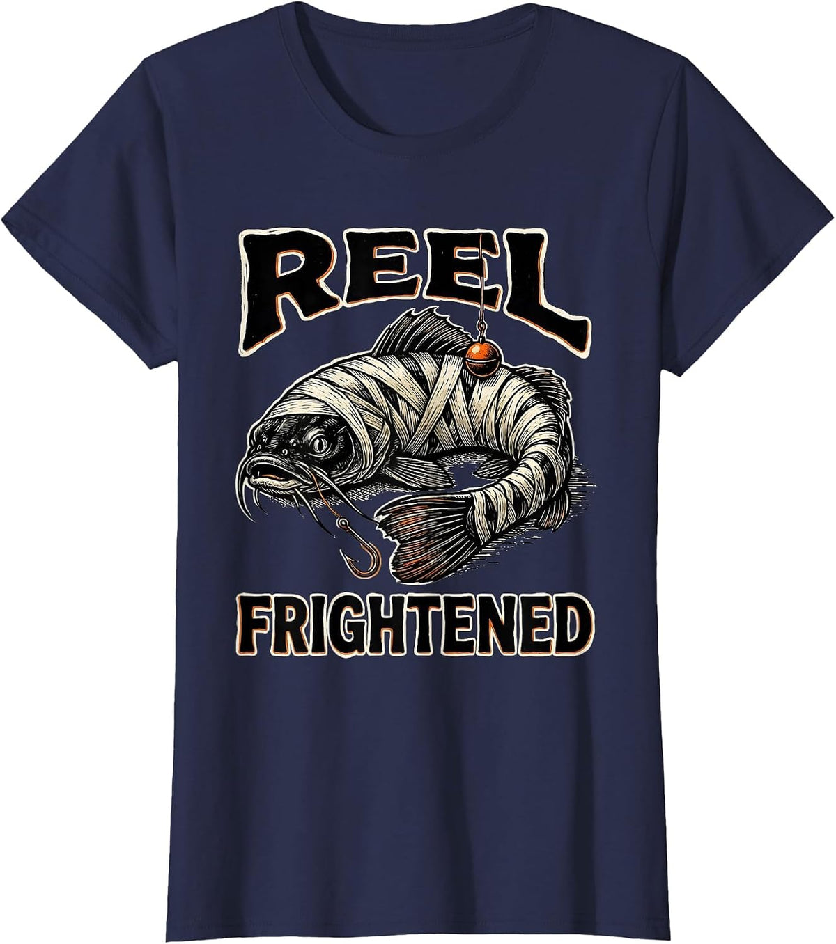 Women's Reel Frightened Linocut Halloween Skeleton Fishing Humor T-Shirt - Navy Blue