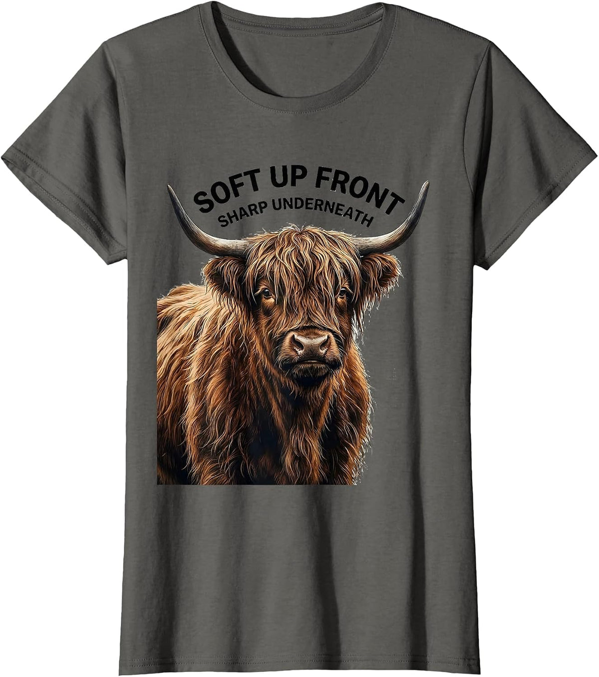 Women's Soft Up Front Sharp Underneath Funny Highland Cow Cute T-Shirt - Asphalt Grey