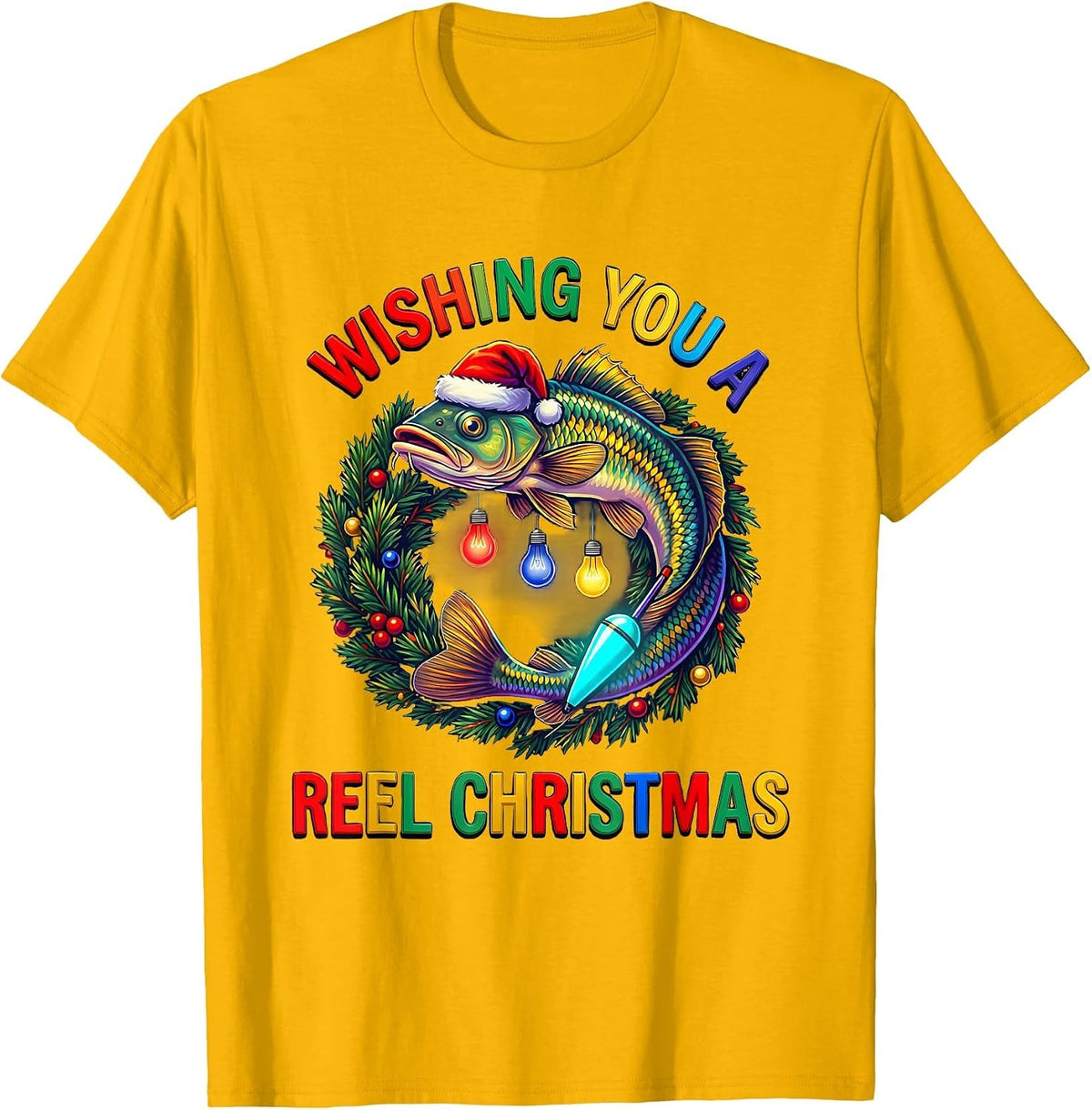 Wishing You a Reel Christmas Funny Fishing Christmas Humor T-Shirt - Golden Yellow