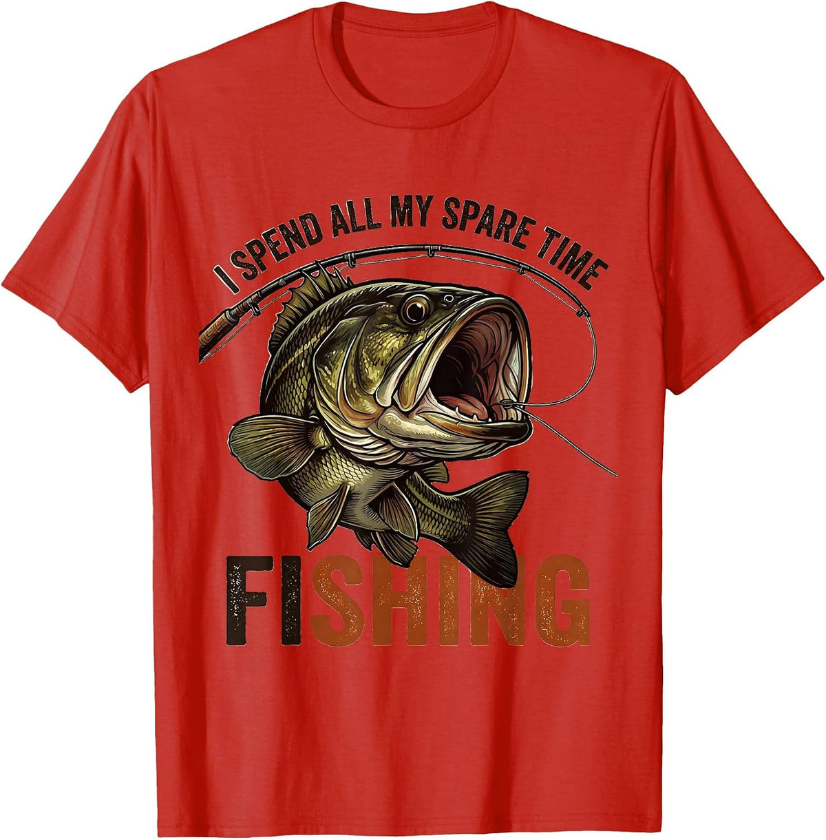 Men's I Spend All My Spare Time Fishing Funny Distressed Bass T-Shirt - Red