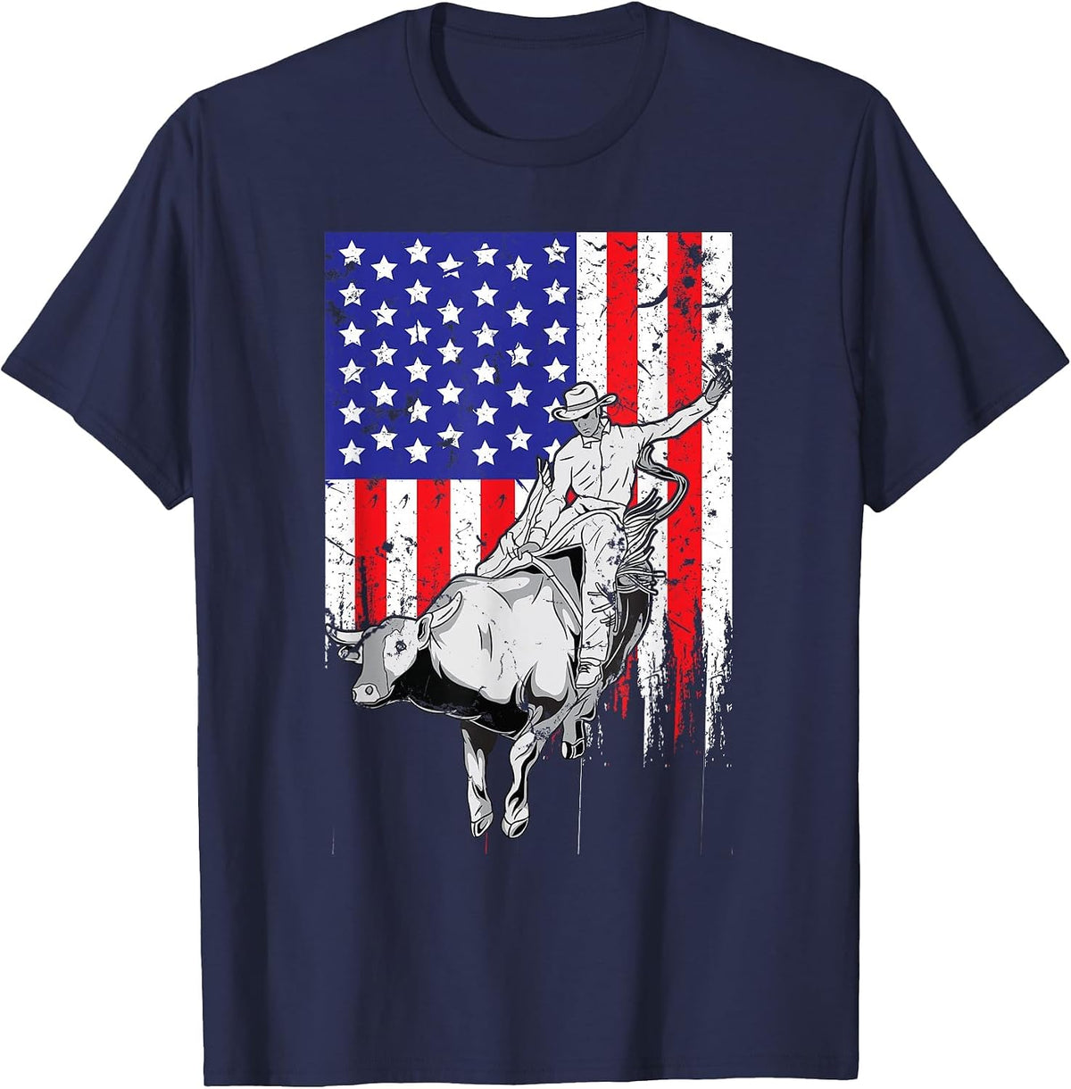 American Flag Bucking Bull Riding Patriotic Rodeo Rider T-Shirt - Navy Blue