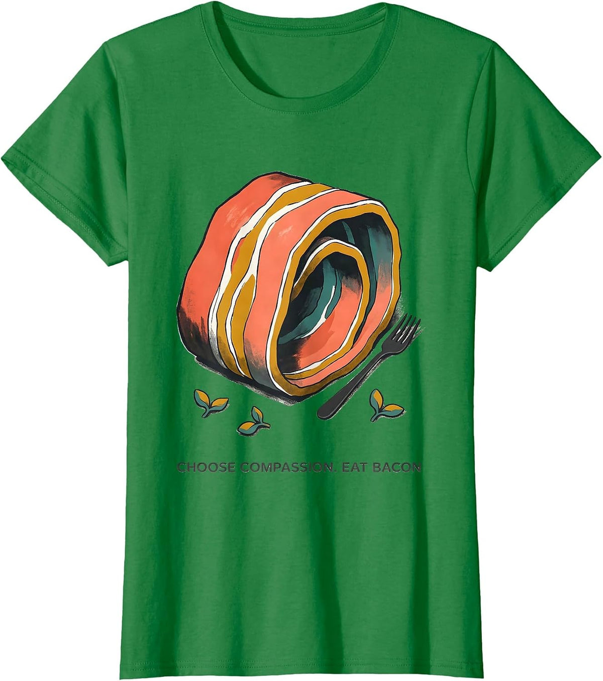 Women's Choose Compassion Eat Bacon Midcentury Modern Carnivore Diet T-Shirt - Kelly Green