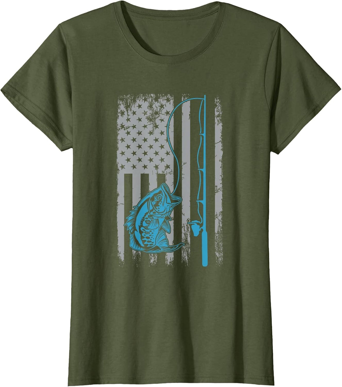 American Flag Fishing Rod Bass Fishing Vintage Fisherman T-Shirt - Olive Green