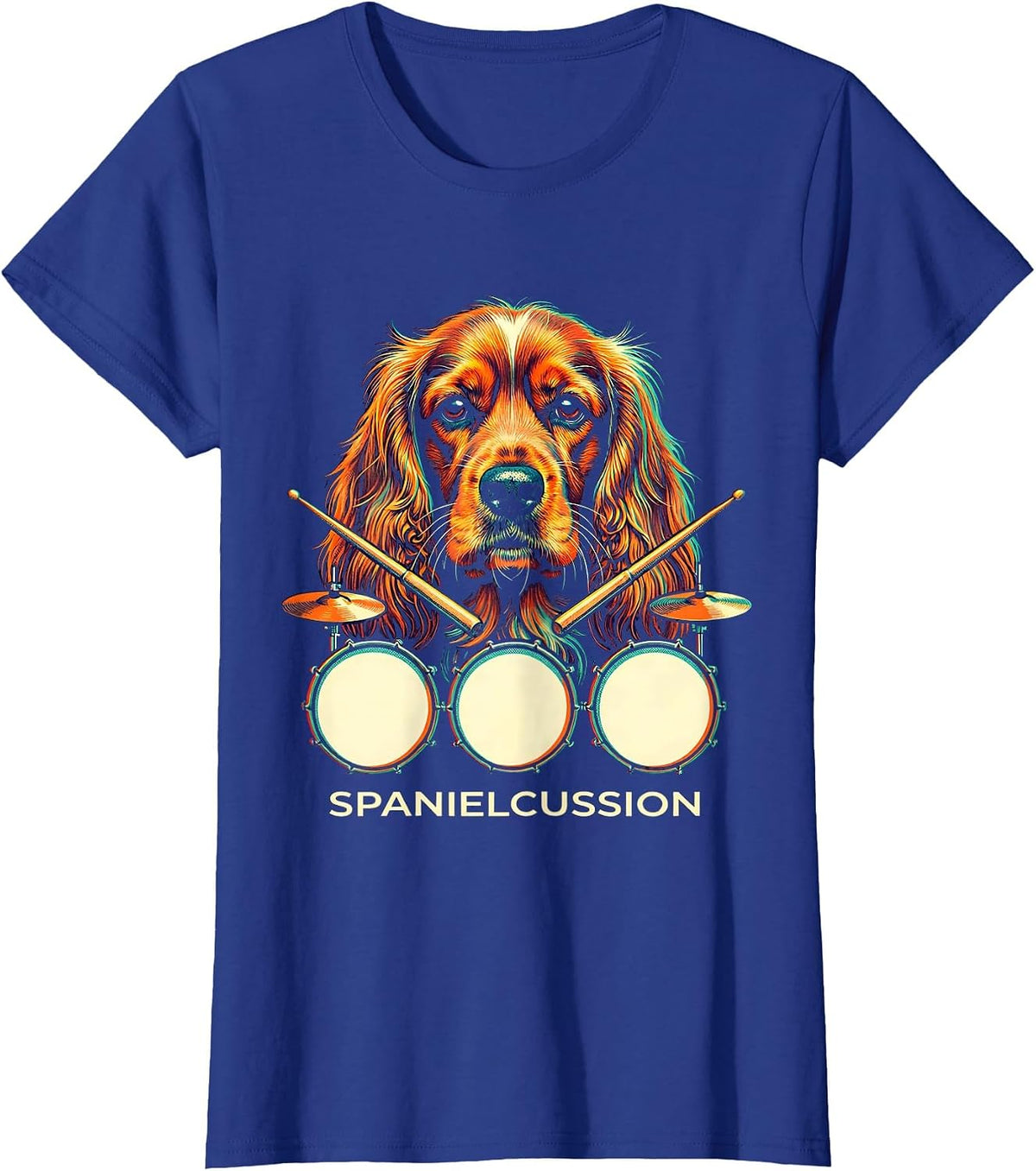Women's Spanielcussion Risograph Cocker Spaniel Pet Drummer Rock T-Shirt - Royal Blue
