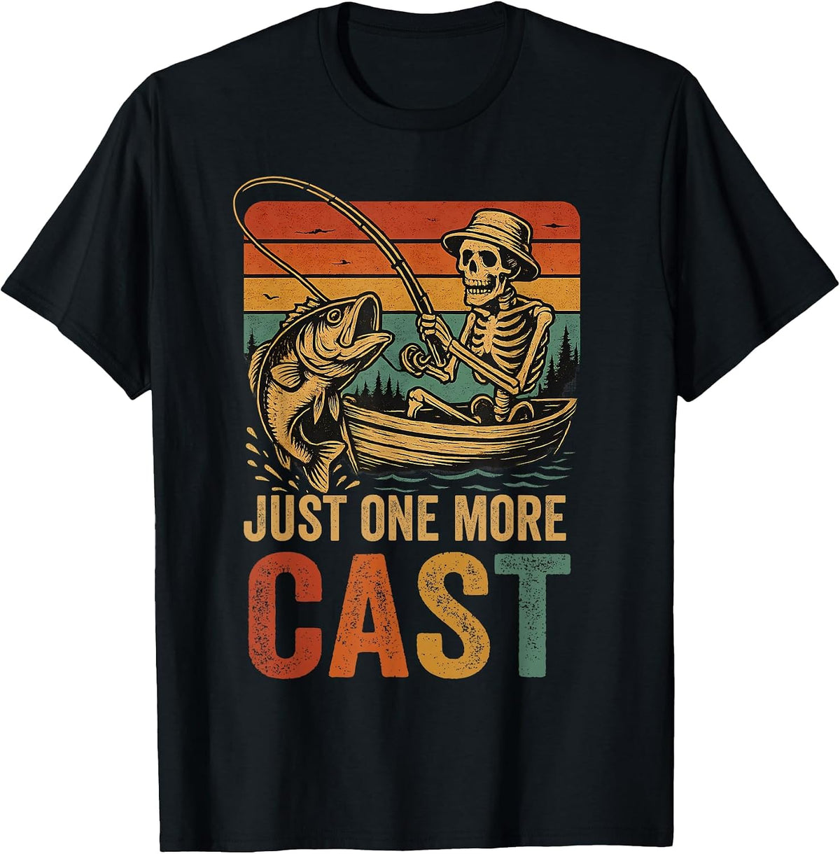 Funny Retro Fishing Skeleton Fish Fisherman Bass Fishing T-Shirt - Black