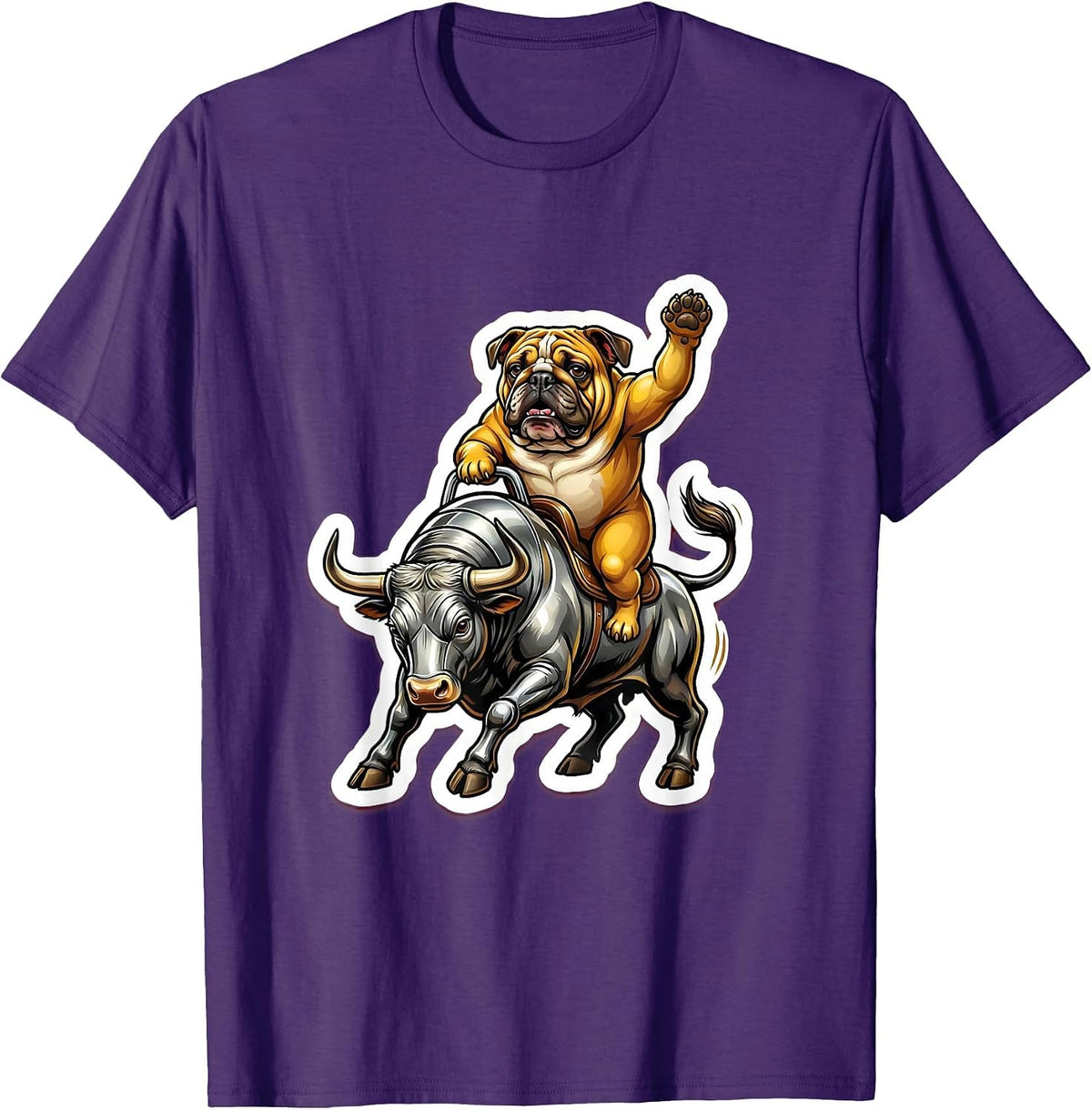 Bulldog Riding a Mechanical Bull Graphic Tee T-Shirt - Purple