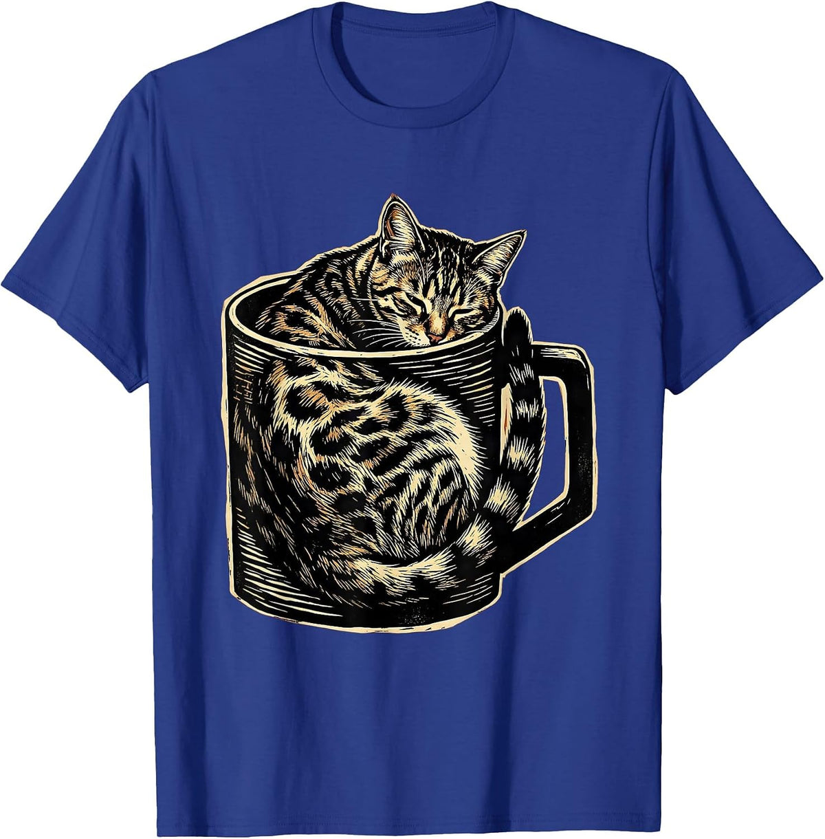 Men's Bengal Cat Curled in Coffee Mug Cute Cozy Design T-Shirt - Royal Blue