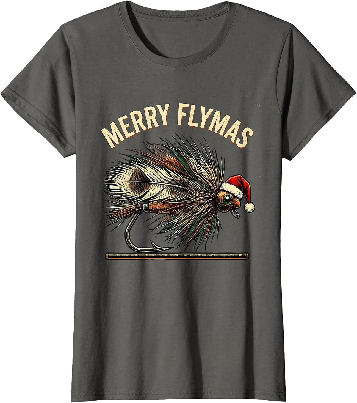 Women's Merry Flymas Vintage Fishing Fly Christmas Humor Ugly T-Shirt - Asphalt Grey