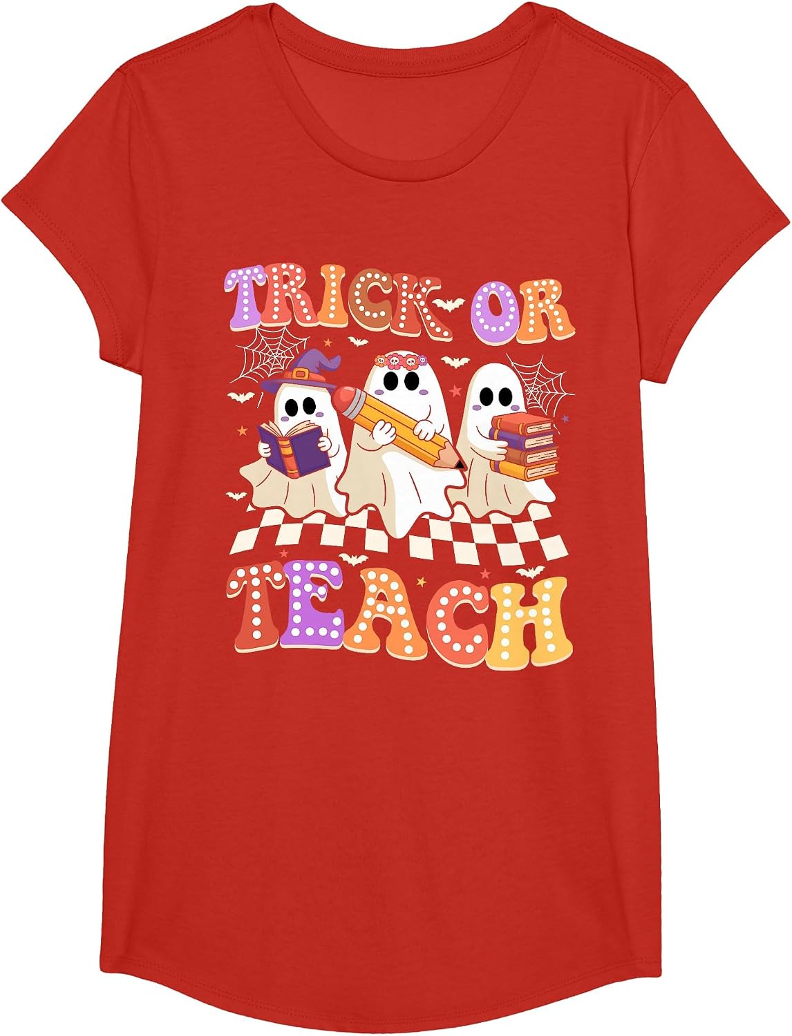 Halloween Groovy Retro Trick Or Teach Teacher Ghost Boo T-Shirt - Girls Red