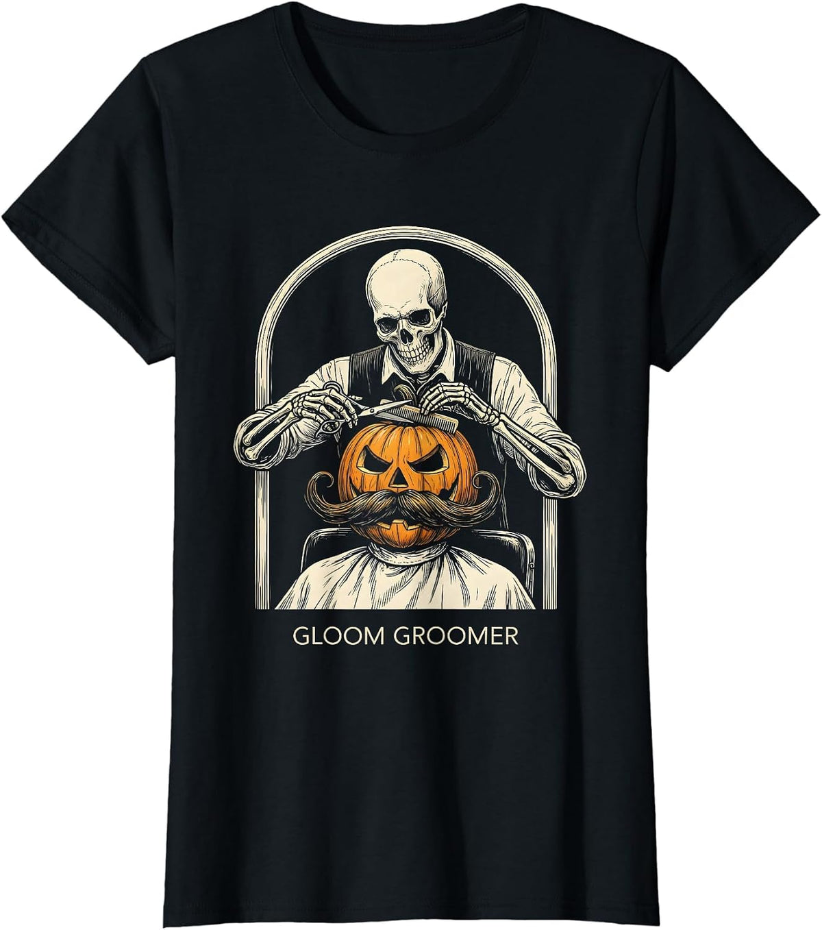 Women's Gloom Groomer Skeleton Barber Halloween Hairstylist Humor T-Shirt - Black