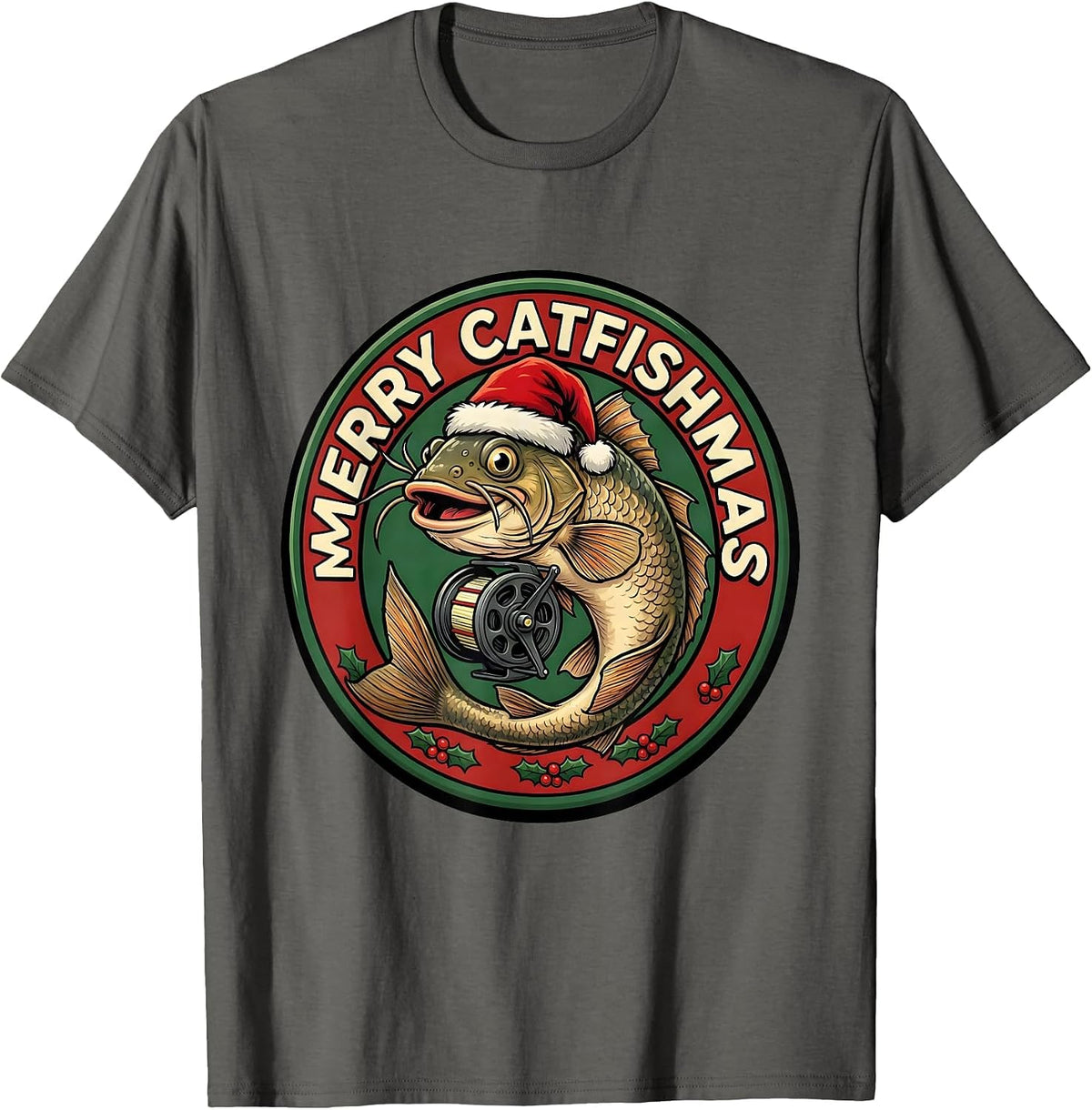 Men's Merry Catfishmas Funny Fishing Christmas Ugly Sweater Dad T-Shirt - Asphalt Grey