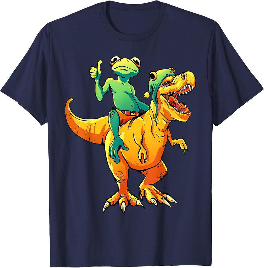 Frog on Dinosaurs Animal Lover Funny Design T-Shirt - Navy Blue