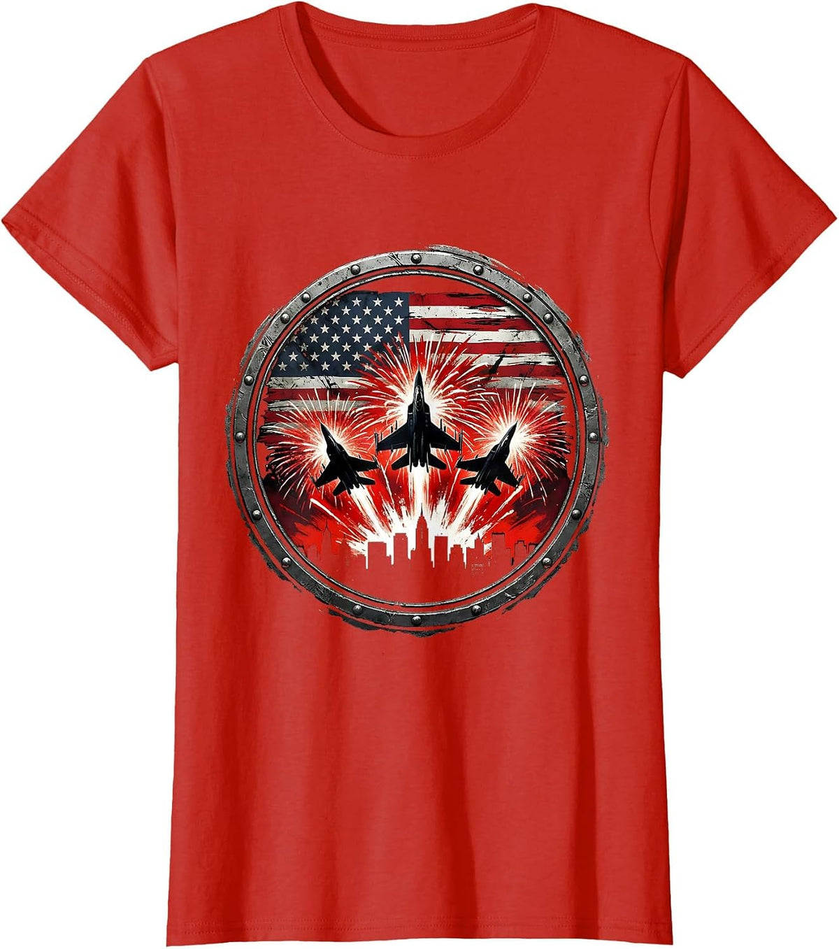 Red White and Blue Fireworks City Skyline T-Shirt - Red