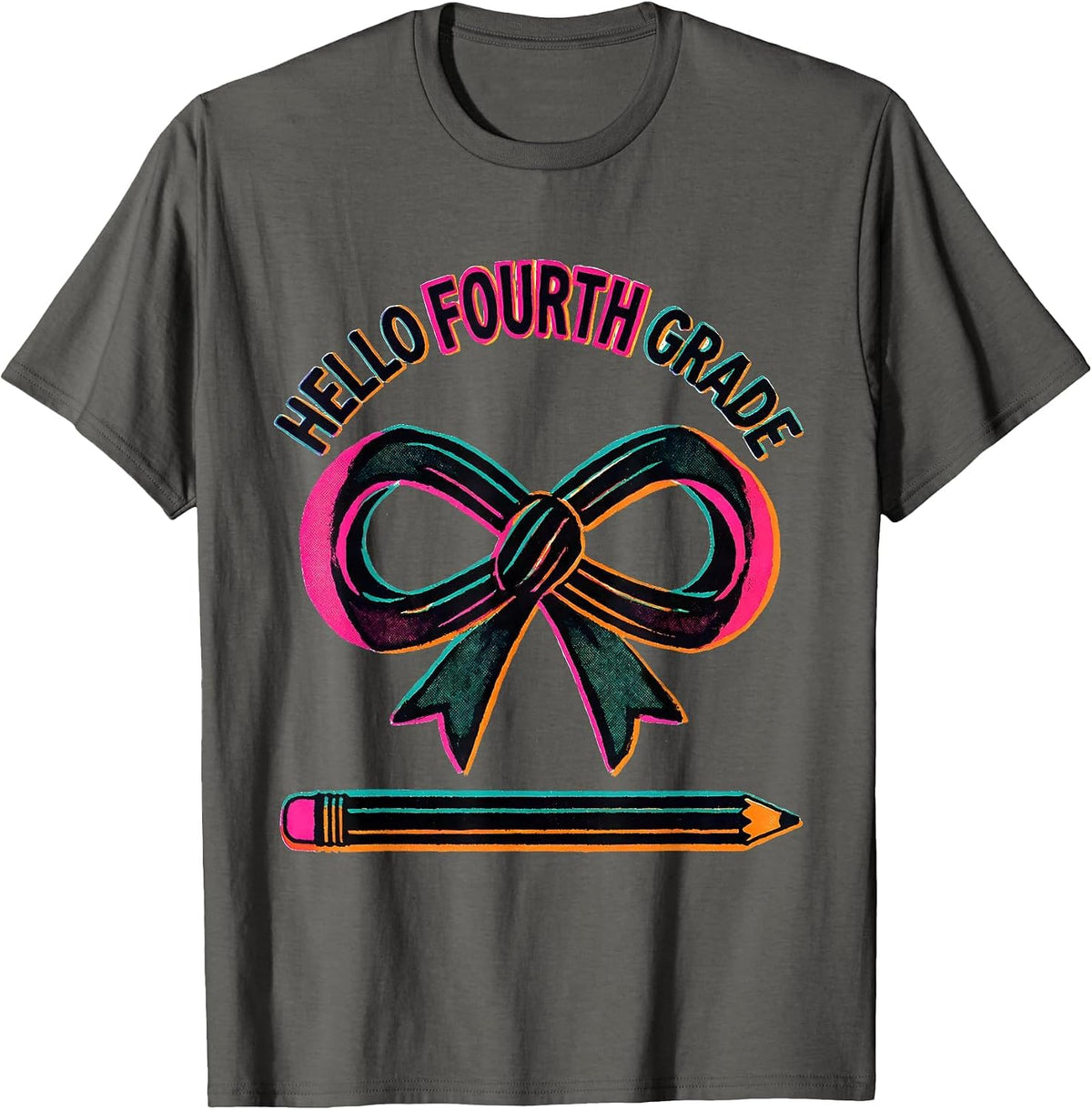 Hello Fourth Grade Cute Coquette Bow Back to School Pencil T-Shirt - Asphalt Grey