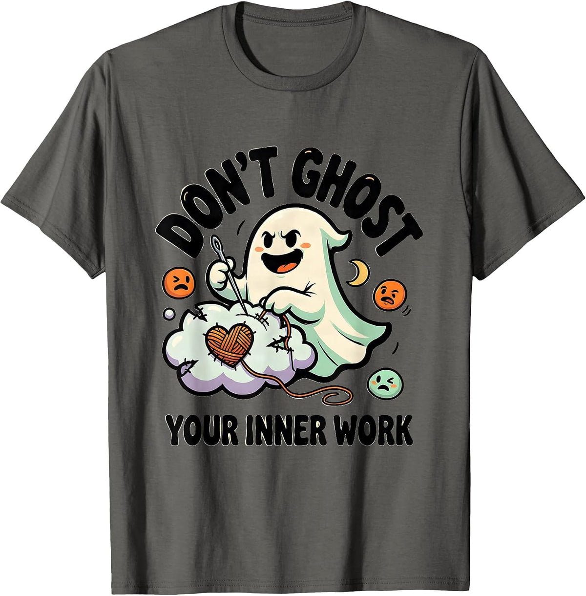 Men's Don't Ghost Your Inner Work Cartoon Ghost Mental Health T-Shirt - Asphalt Grey
