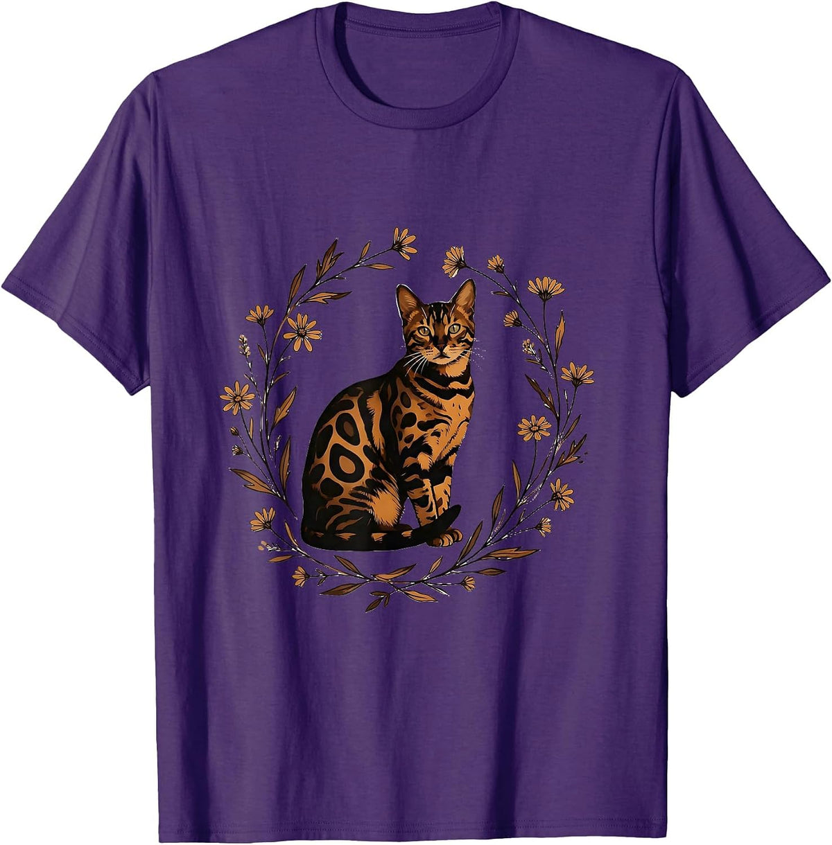 Bengal Cat Wildflower Botanical Illustration T-Shirt - Purple