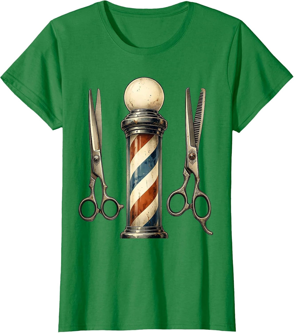 Women's Vintage Barber Pole and Scissors Illustration T-Shirt - Kelly Green