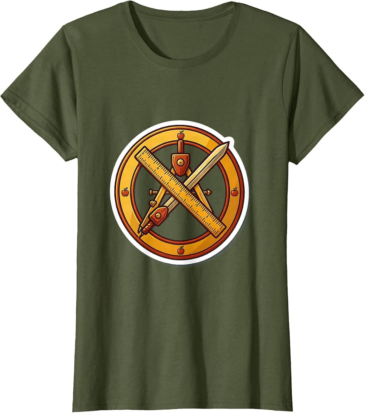 Women's 4th Grade Teacher Ruler and Compass Crossed Design T-Shirt - Olive Green