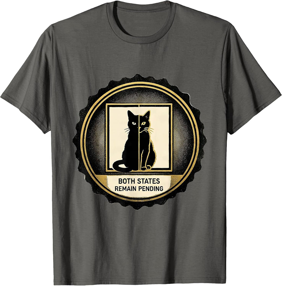 Both States Remain Pending Quantum Physics Humor Science Cat T-Shirt - Asphalt Grey