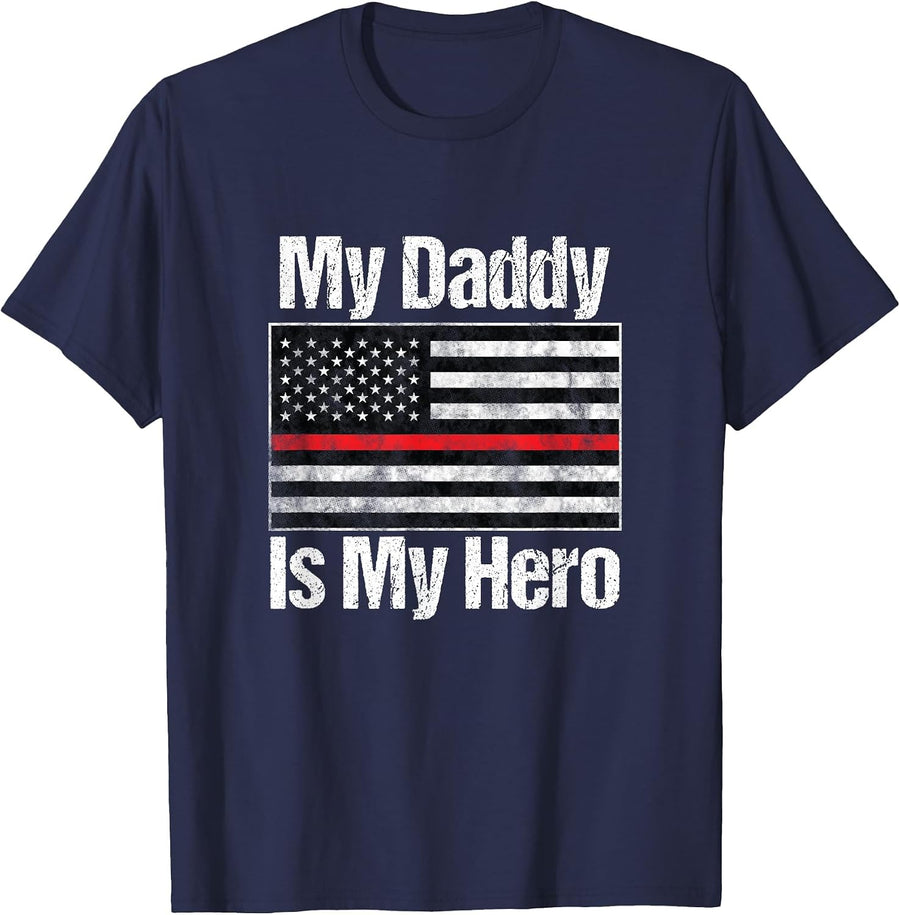 Red Line Firefighter - My Daddy is My Hero - Fireman Dad T-Shirt - Navy Blue