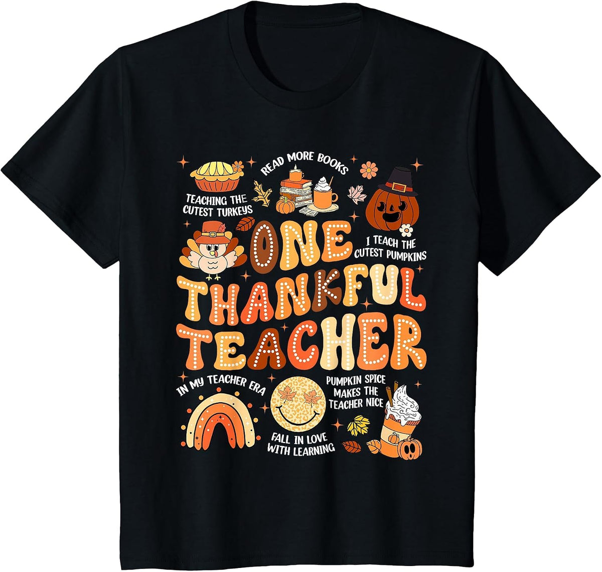 Thanksgiving One Thankful Teacher Fall Groovy Men Women T-Shirt - Black