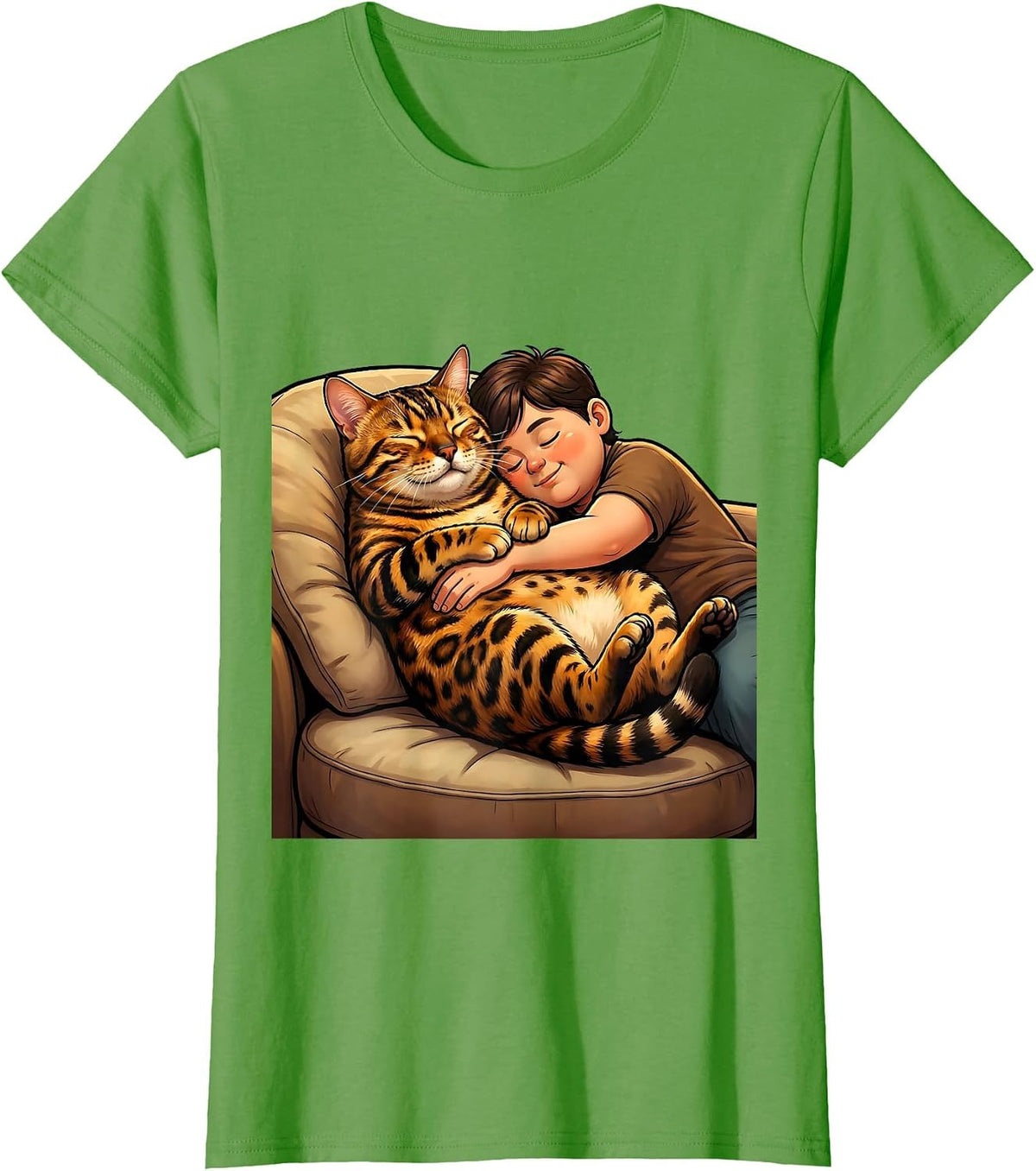 Women's Bengal Cat Napping With Owner Cozy Couch Scene T-Shirt - Grass Green
