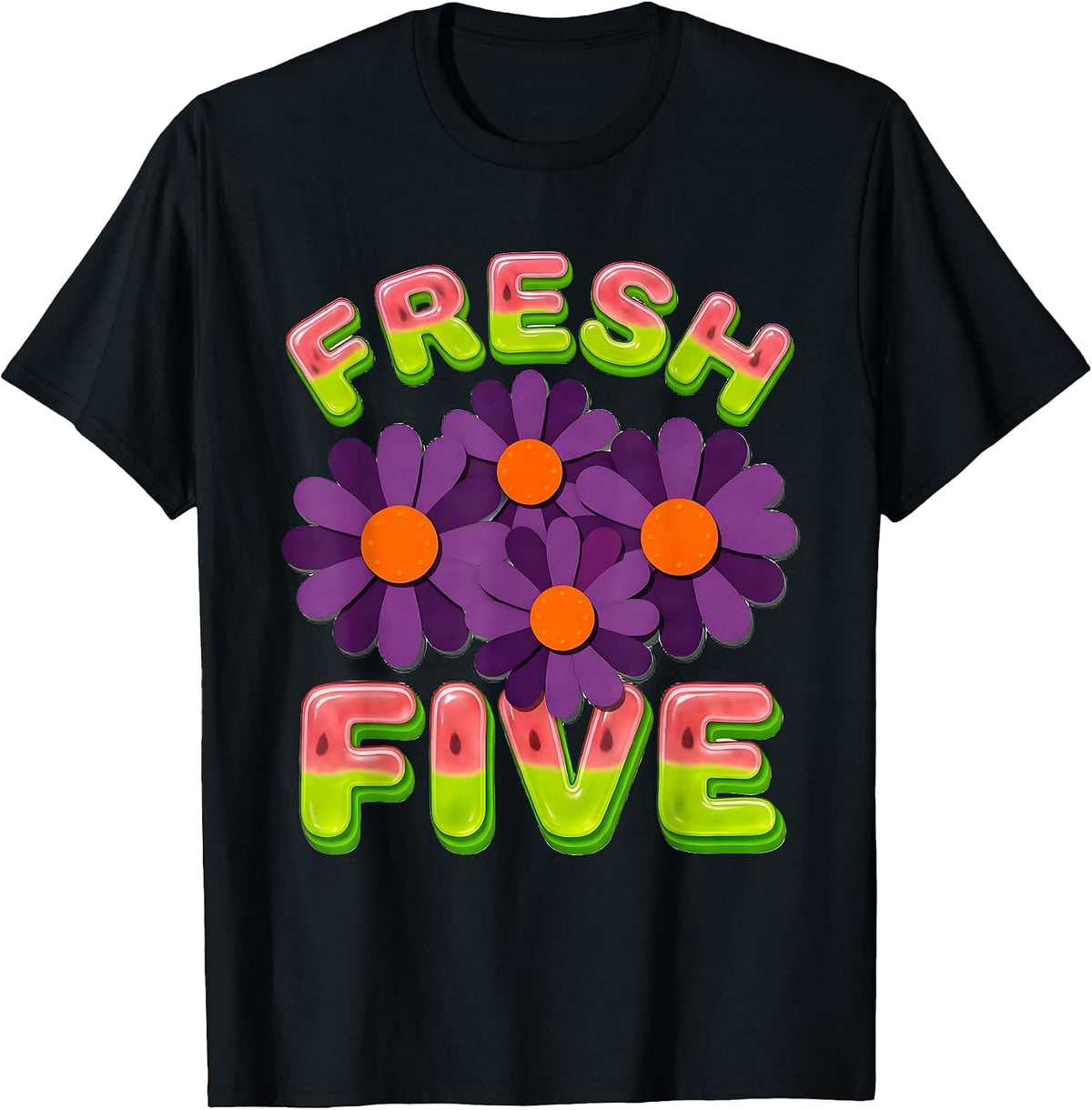 Men's FRESH FIVE Retro Flower Power Fifth 5th Grade Back To School T-Shirt - Black