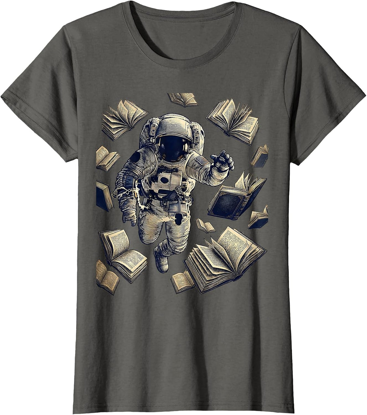 Women's Astronaut Floating Among Open Books Space Art T-Shirt - Asphalt Grey