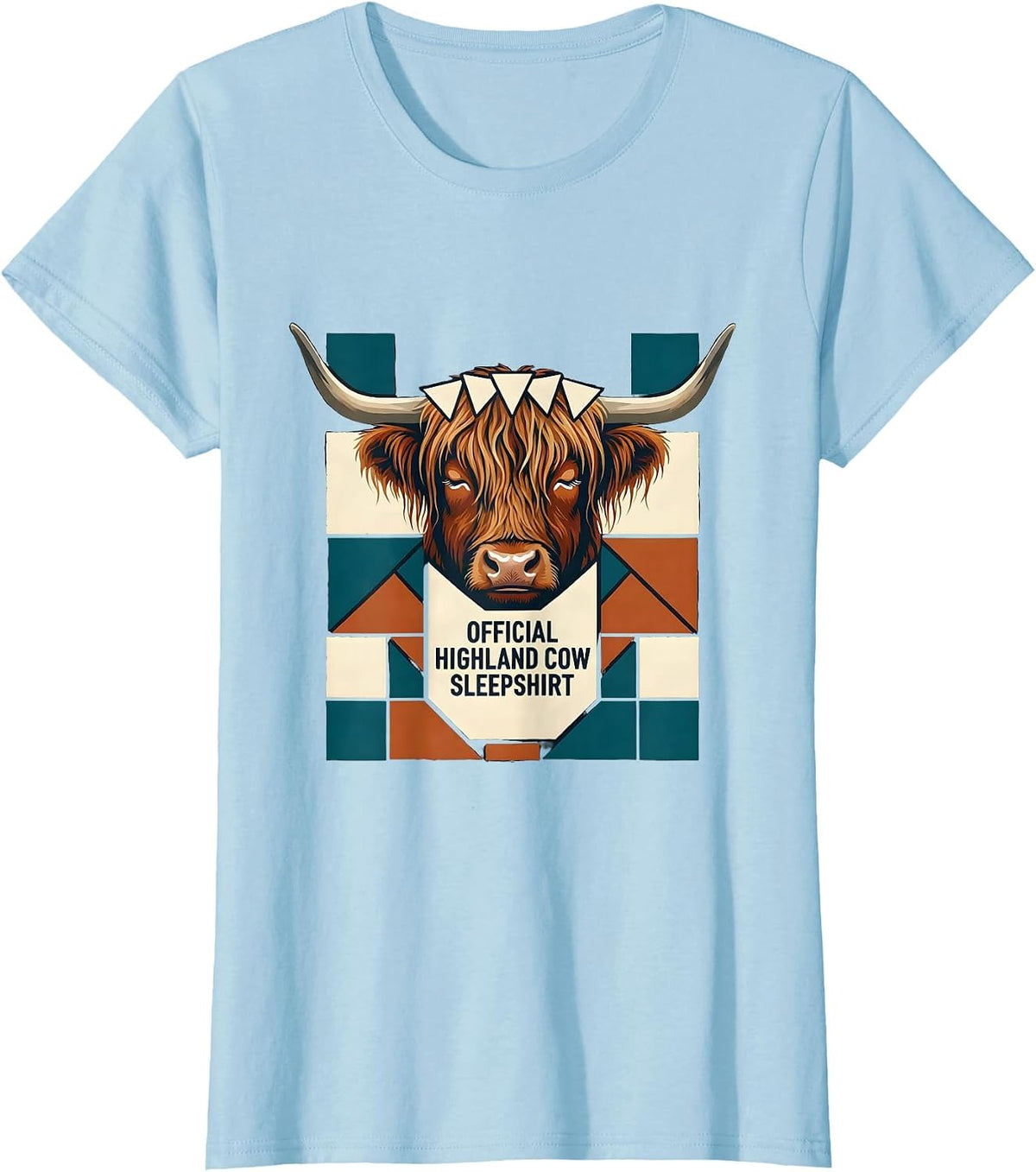 Women's Official Highland Cow Sleepshirt Cozy Quilt Block Patchwork T-Shirt - Baby Blue