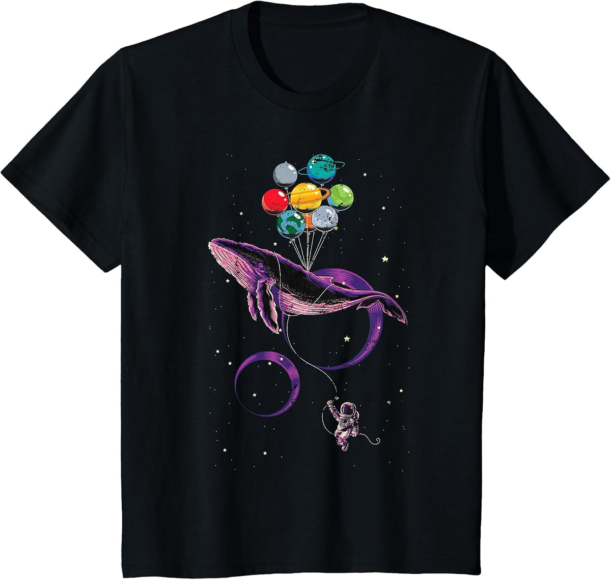Solar System Planets Balloon Blue Whale Space Astronaut T-Shirt - Black