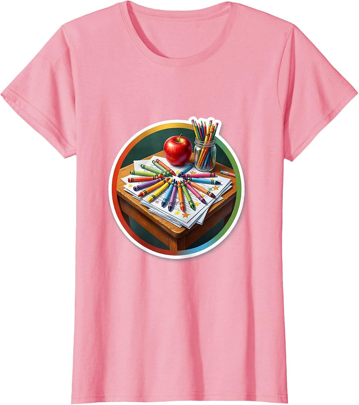 Women's Elementary Teacher Crayon Desk Graphic Tee T-Shirt - Pink