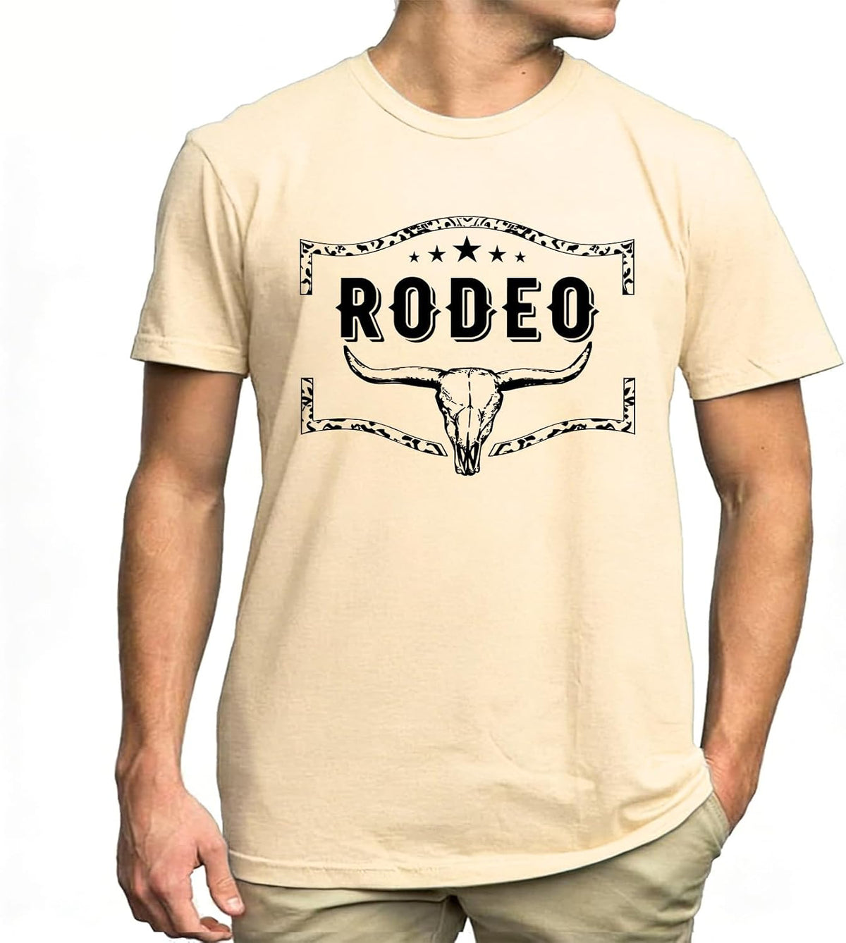 Western Shirts for Men Rodeo Cow Skull Cowboy Vintage Graphic Tees - Apricotcolor