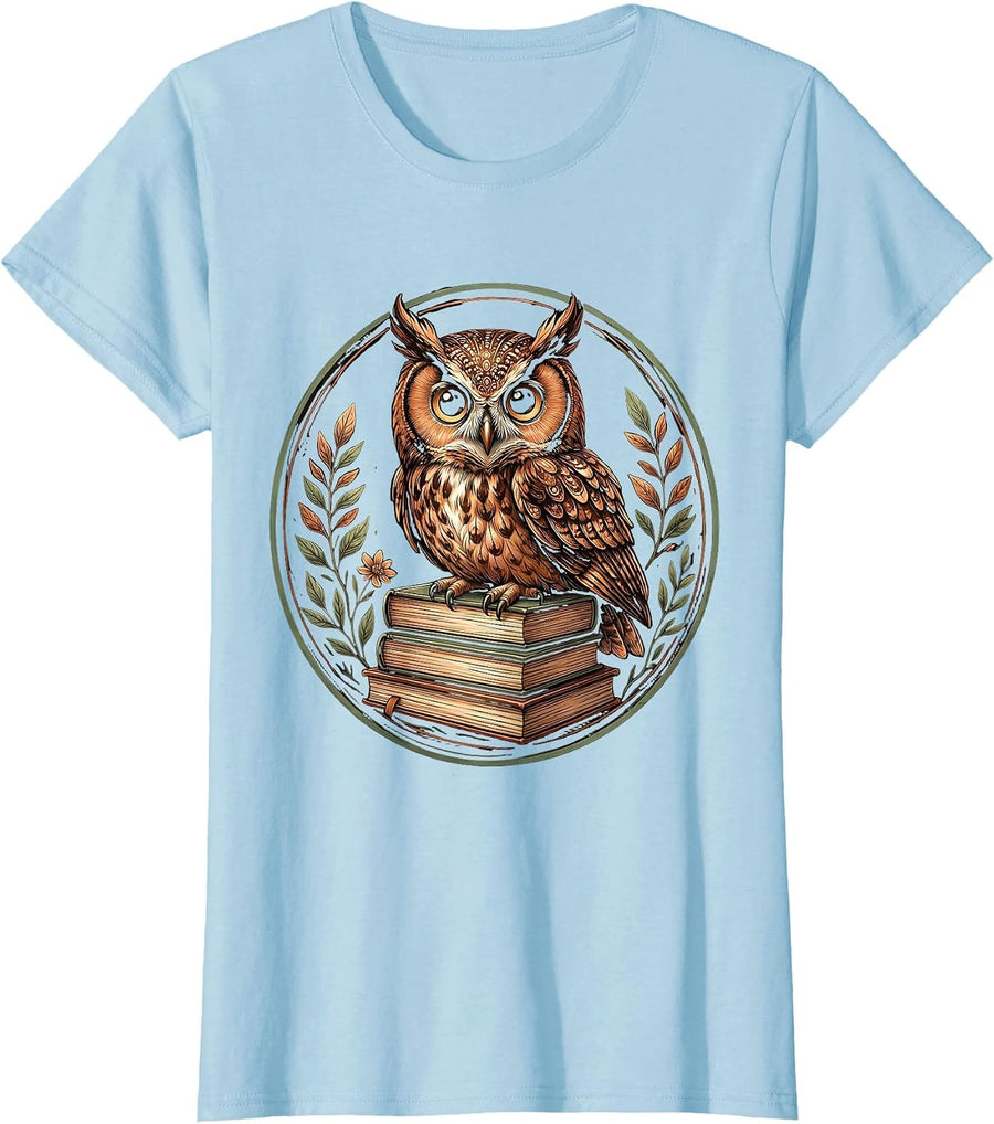 Women's 4th Grade Teacher Owl on Textbooks Illustration T-Shirt - Baby Blue