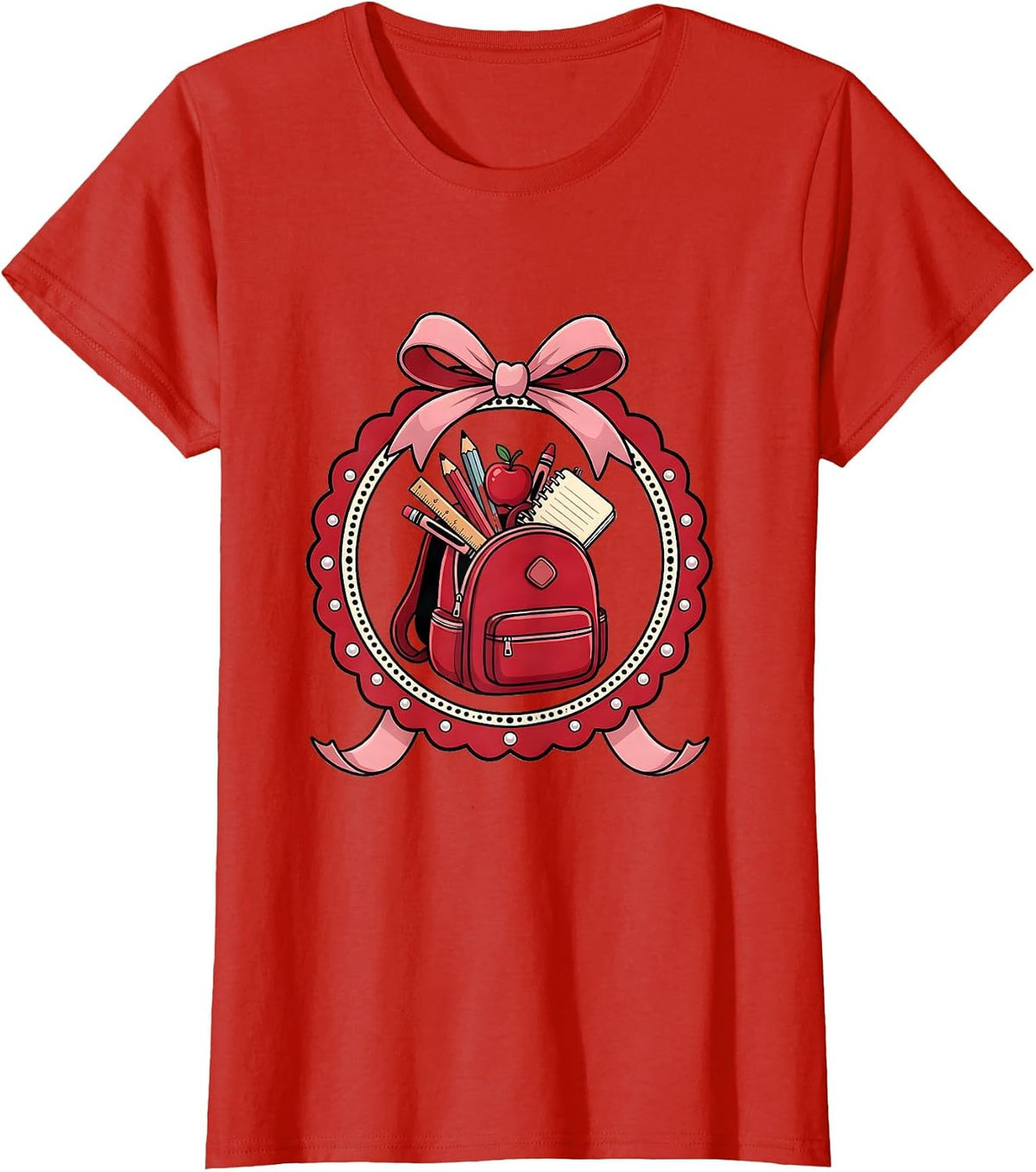 Women's Elementary Teacher Overflowing Backpack Graphic T-Shirt - Red