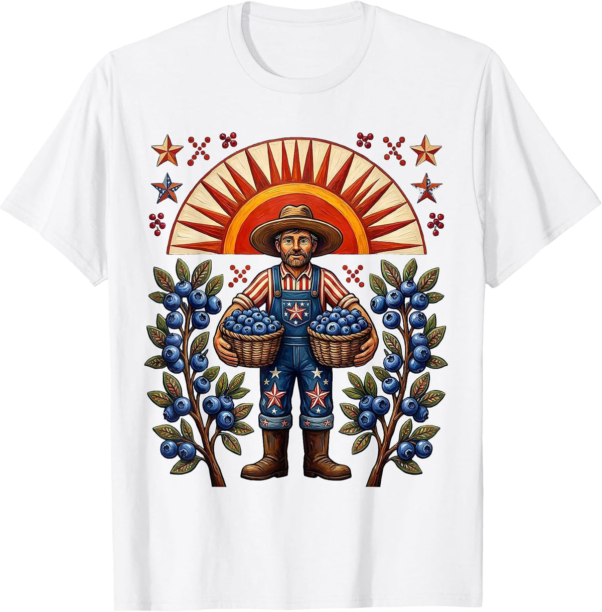 Men's Patriotic Blueberry Harvest Sunrise Farmer Design T-Shirt - White