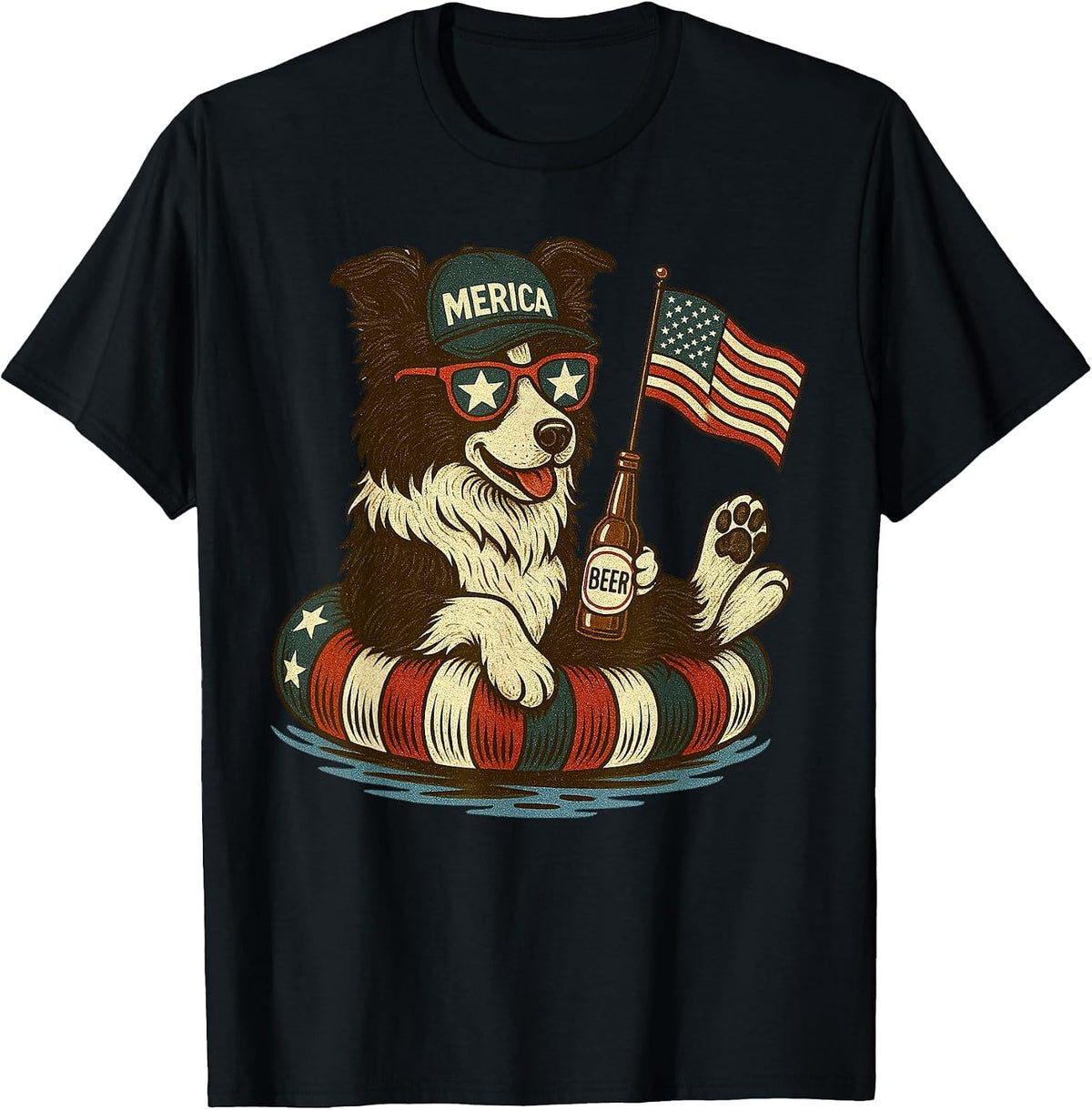 Border Collie America Flag Patriotic Boxer Dog Lover 4th of T-Shirt - Black