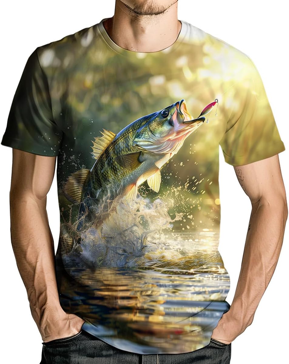 Men’s 3D Fishing T-Shirt Realistic Fish Graphic Short Sleeve Tee for Outdoor Sports and Casual Wear - Bass Fish Print Shirt