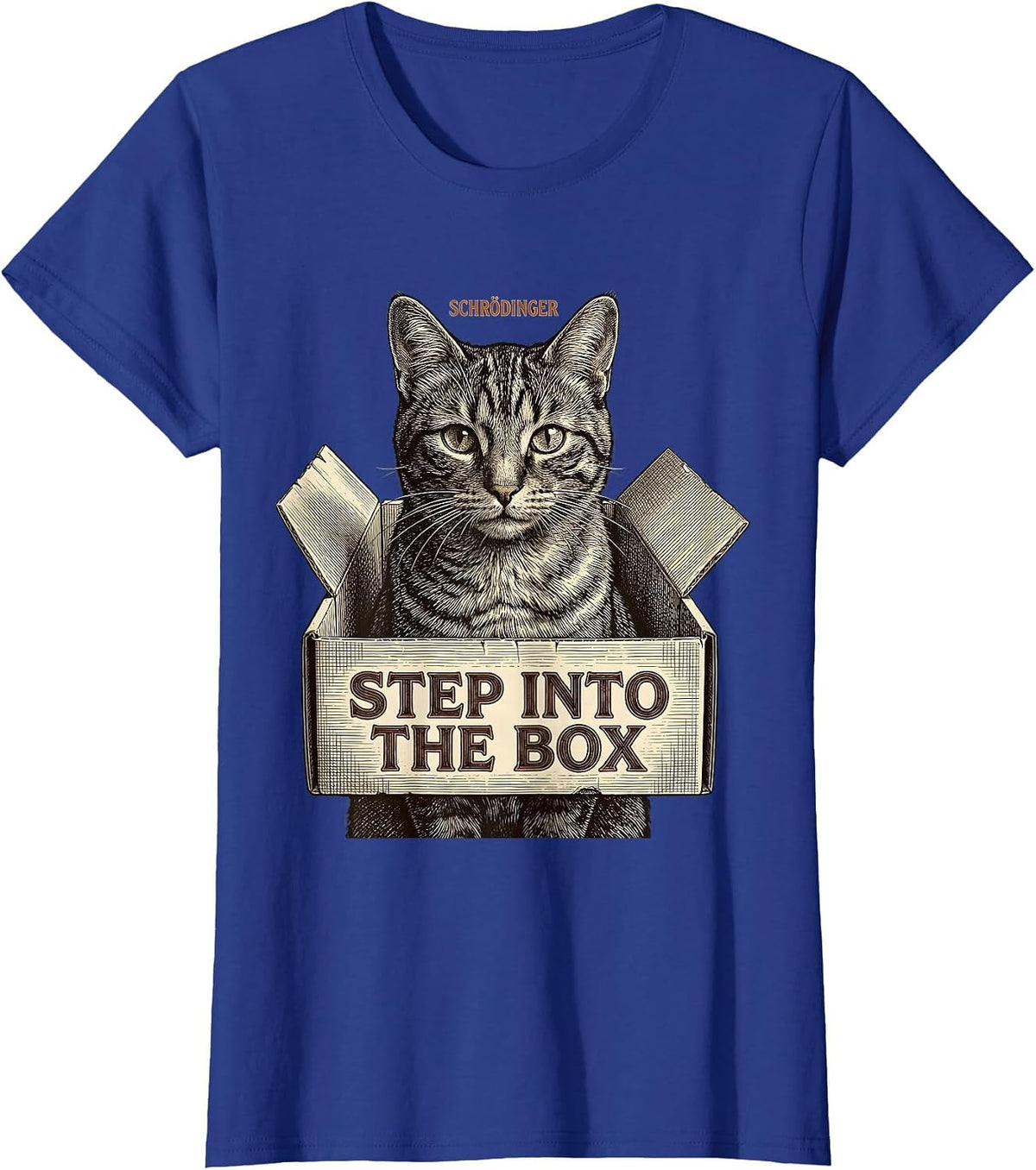 Women's Schrödinger, Step Into the Box Funny Quantum Physics Cat T-Shirt - Royal Blue