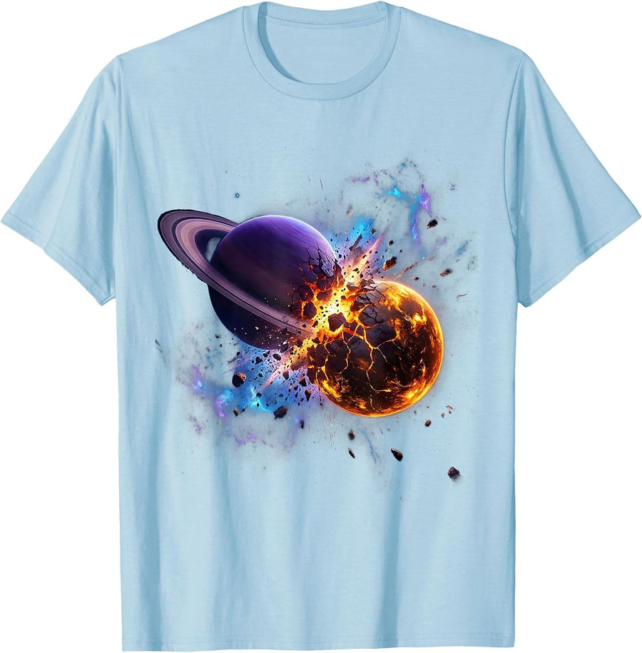 Men's Two Planets Colliding in Deep Space Illustration T-Shirt - Baby Blue