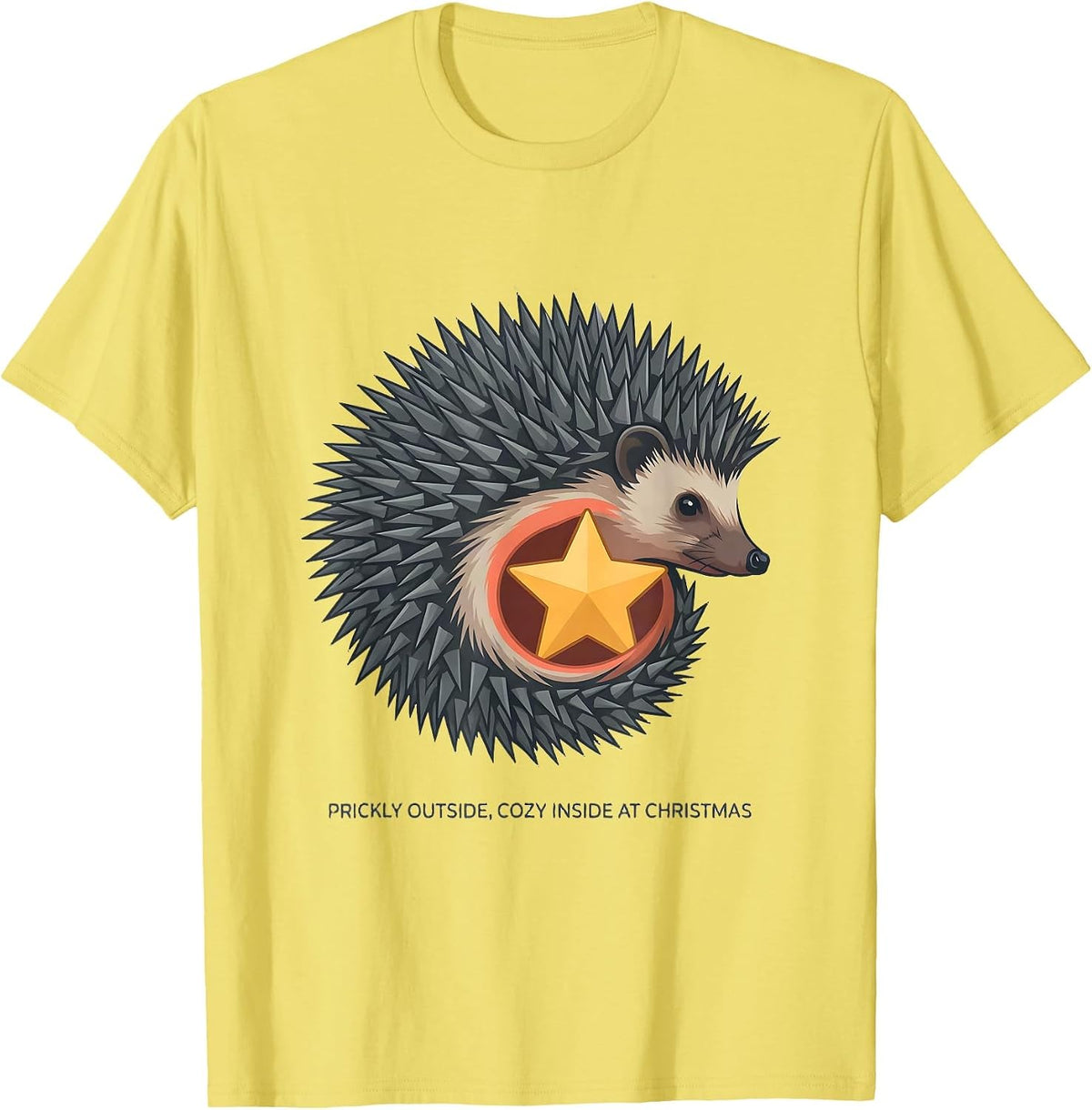 Men's Prickly Outside, Cozy Inside At Christmas Cute Hedgehog T-Shirt - Lemon Yellow