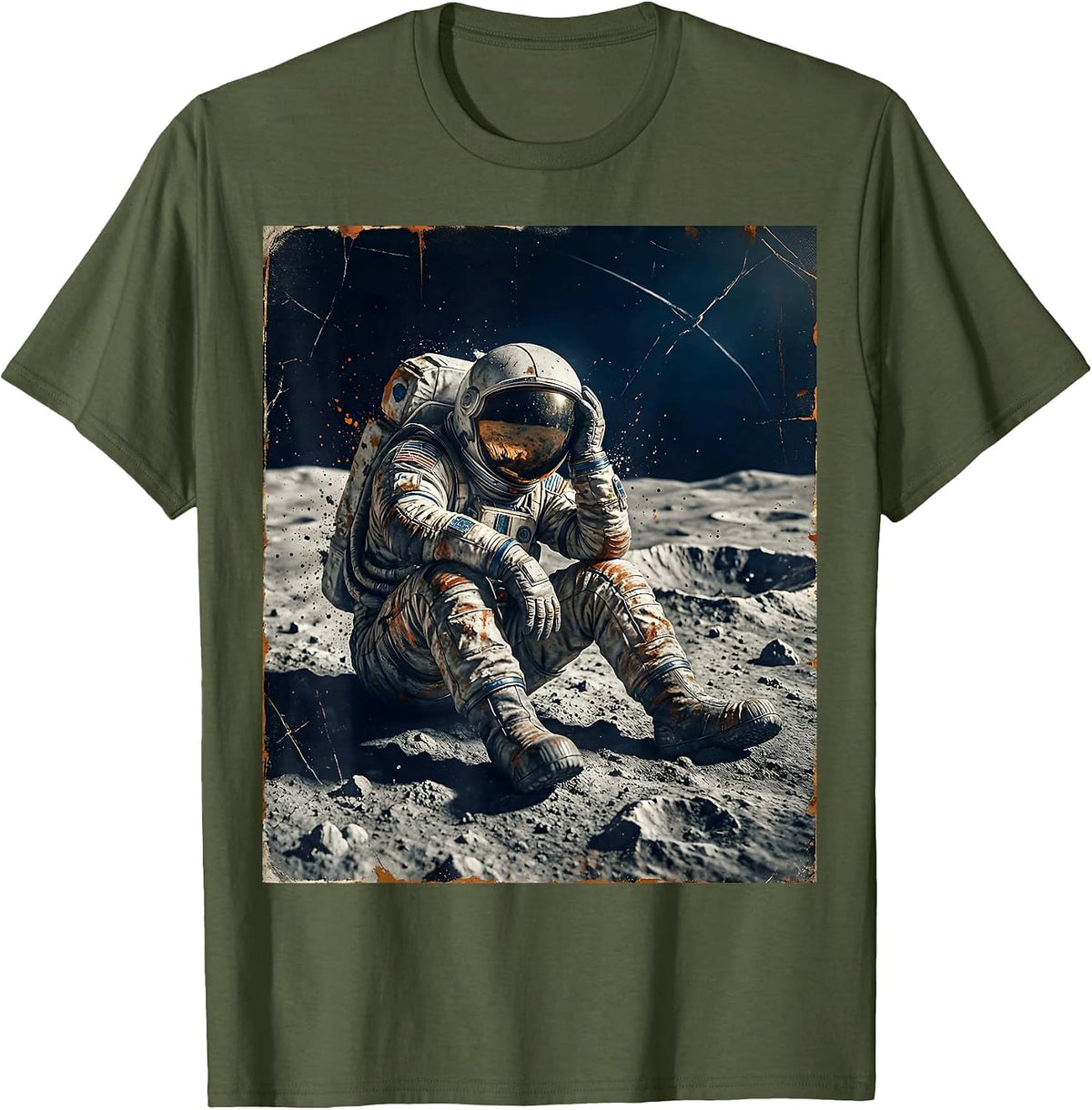 Men's Tired Astronaut Sitting on the Moon Surface T-Shirt - Olive Green