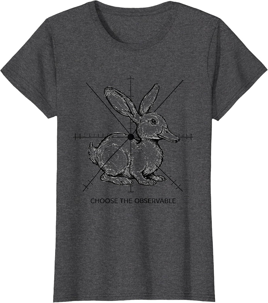 Women's Choose The Observable Physics Math Duck Rabbit Nerd Humor T-Shirt - Dark Heather Grey