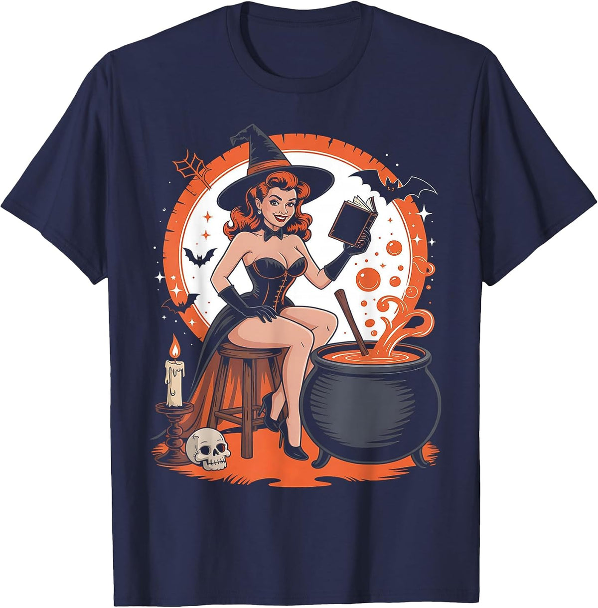 Halloween Witch Pin Up Vintage Halloween Retro T-Shirt - Navy Blue