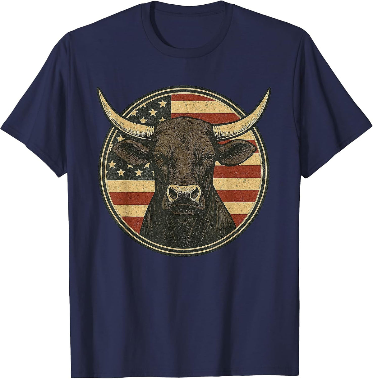 Vintage Western Bull with American Flag Patriotic Rodeo T-Shirt - Navy Blue
