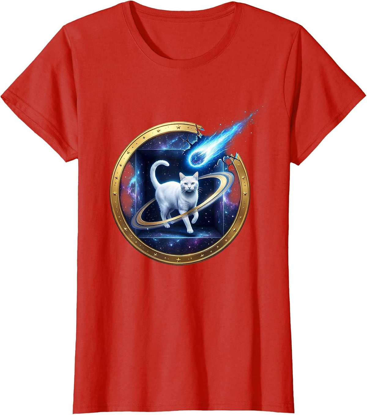 Cosmic Cat Quantum Physics Humor Science Enthusiast T-Shirt - Red