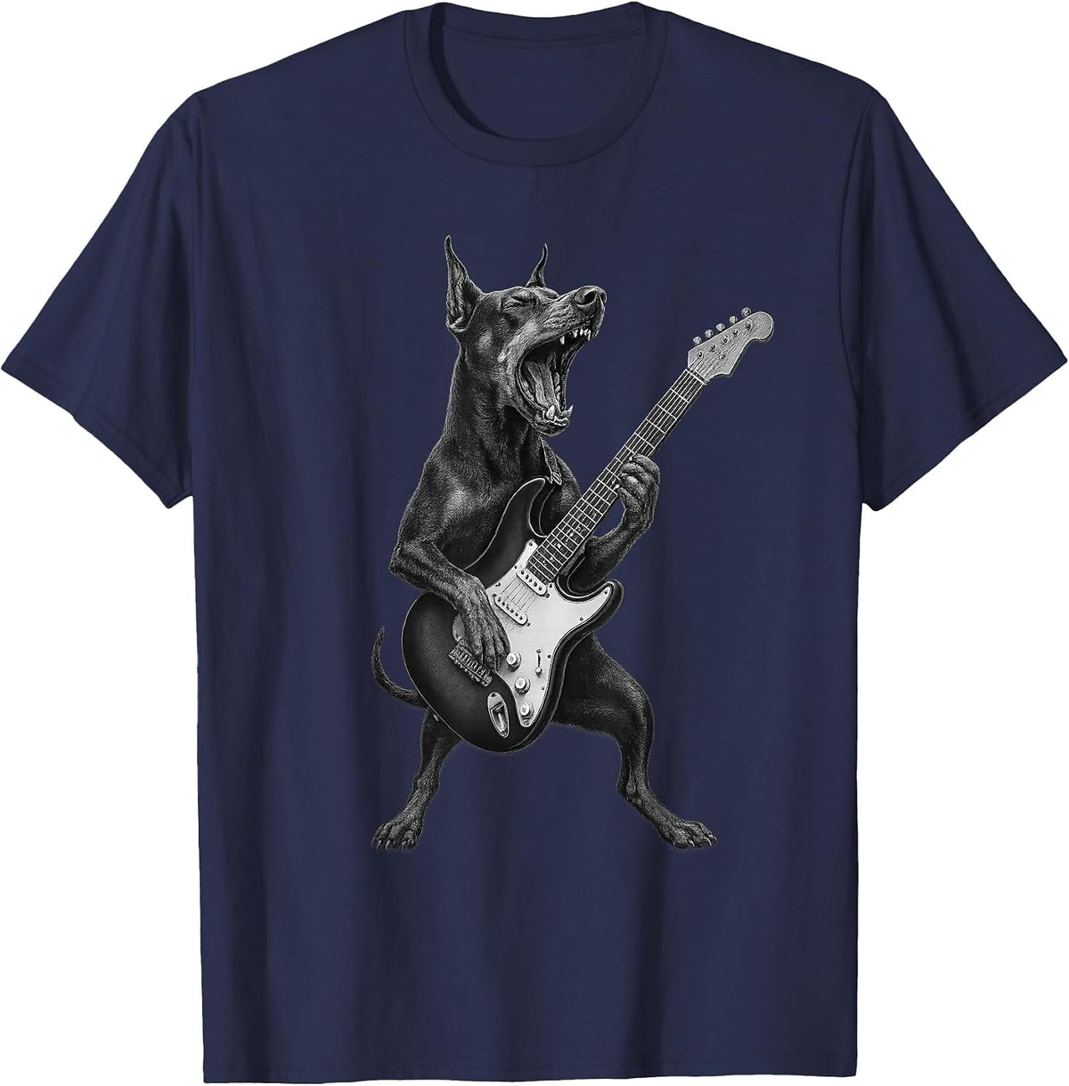 Doberman Pinscher Playing Guitar Rock Music Dog Lover T-Shirt - Navy Blue